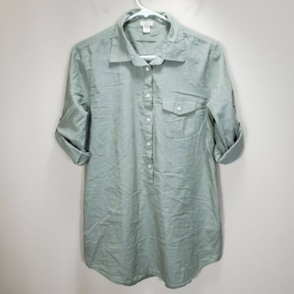 J Crew Factory green lightweight 1/2 button Tunic Pullover Roll tab sleeves sz S